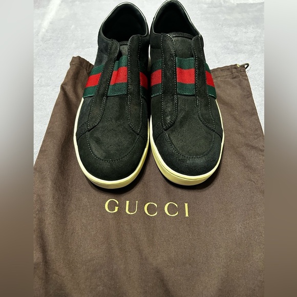Gucci Black Suede Web Stripe Slip-On Sneakers Size 7.5 - Picture 3 of 15